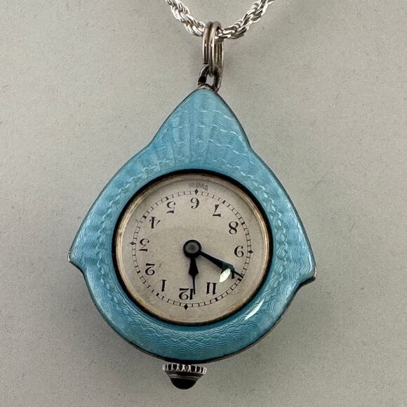 Stunning1920's Swiss Made 925 Silver Guilloche Powder Blue Watch Maracsite Motif - Picture 3 of 10